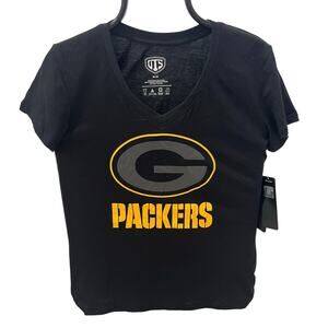 OTS Green Bay Packers Womens V-Neck T-Shirt Size M Black NFL Football Tee NWT